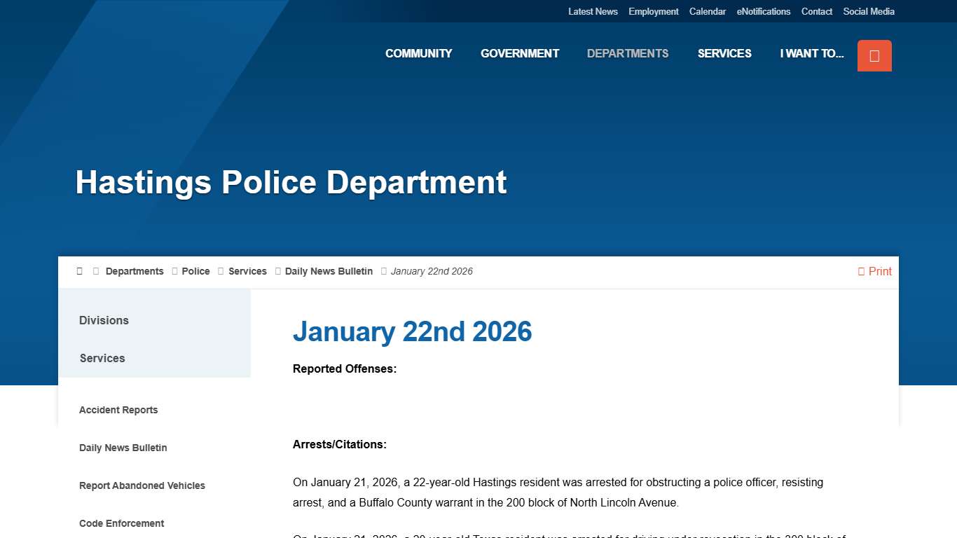 January 22nd 2026 - City of Hastings, NE